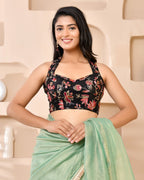 Amodini Designer Studio Embroidered Black Halter-Neck Designer Blouse | Grocsy