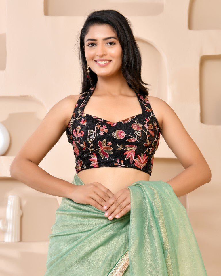 Amodini Designer Studio Embroidered Black Halter-Neck Designer Blouse | Grocsy