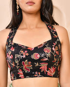 Amodini Designer Studio Embroidered Black Halter-Neck Designer Blouse | Grocsy