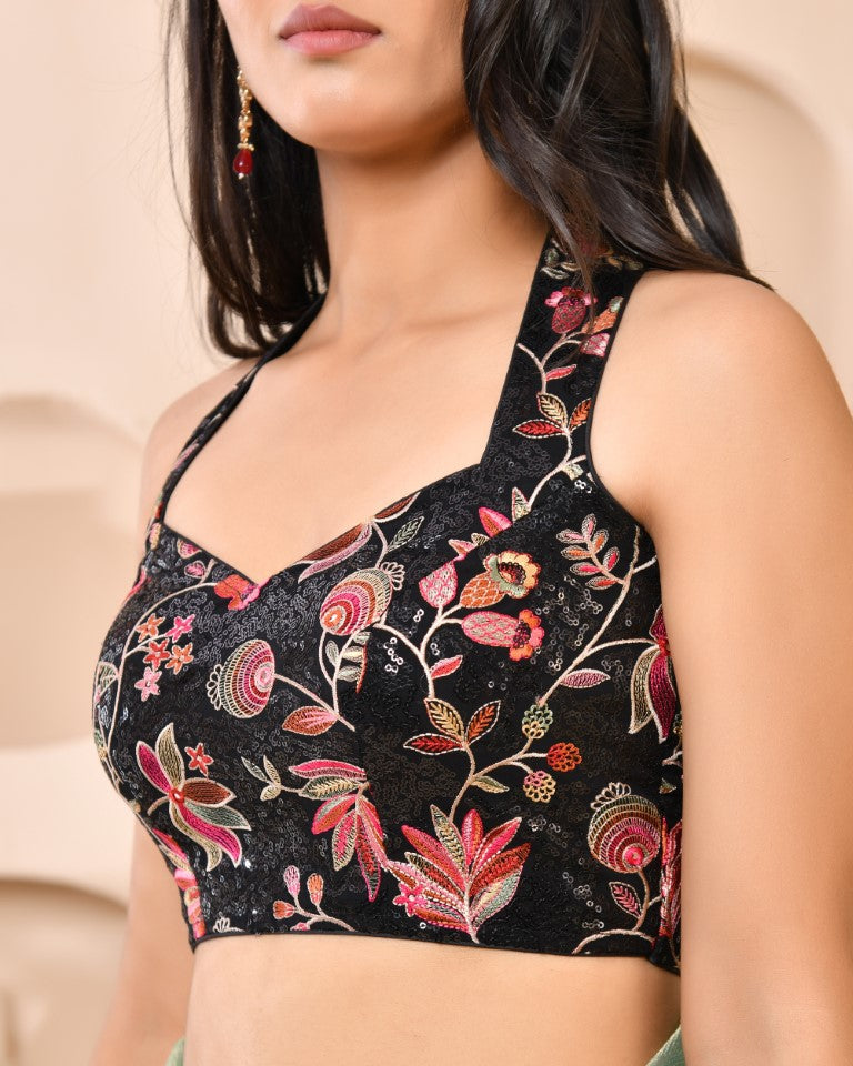 Amodini Designer Studio Embroidered Black Halter-Neck Designer Blouse | Grocsy