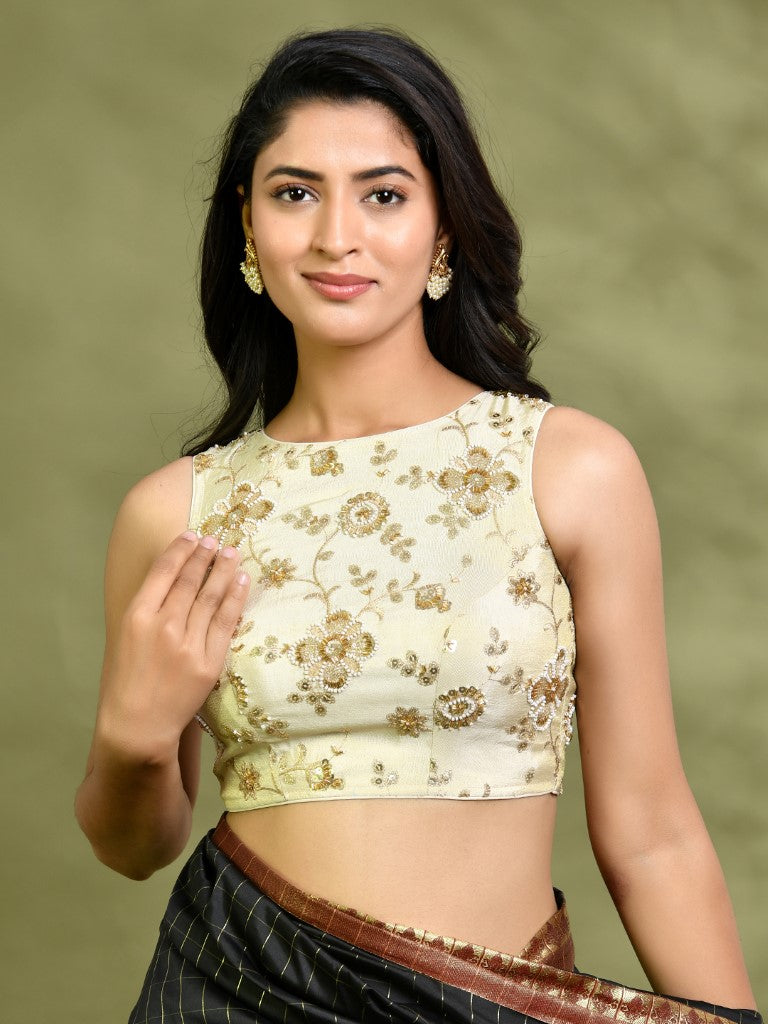 Amodin Designer Studio Golden Tissue Floral Cutdana Padded Blouse | Grocsy