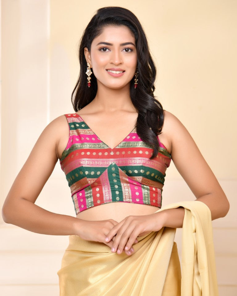 Amodini Designer Studio Zari Brocade Sleeveless Padded Blouse | Grocsy