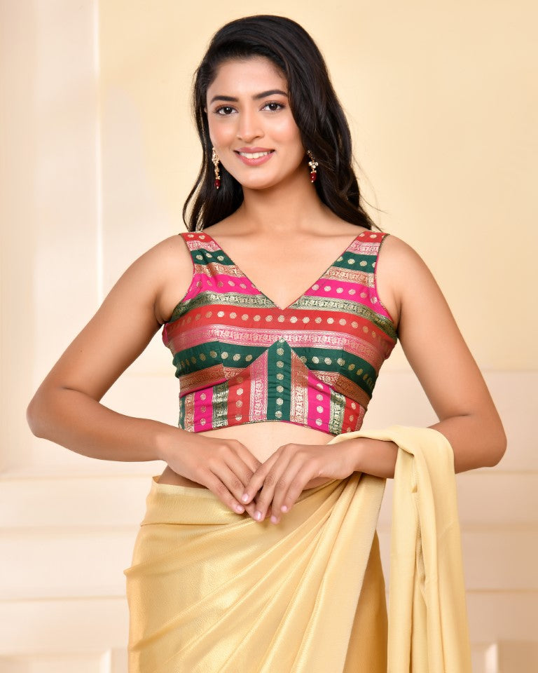 Amodini Designer Studio Zari Brocade Sleeveless Padded Blouse | Grocsy