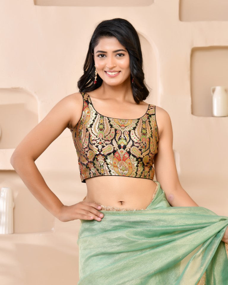 Amodini Designer Studio Kashi Banarsi Black Sleeveless Padded Blouse | Grocsy