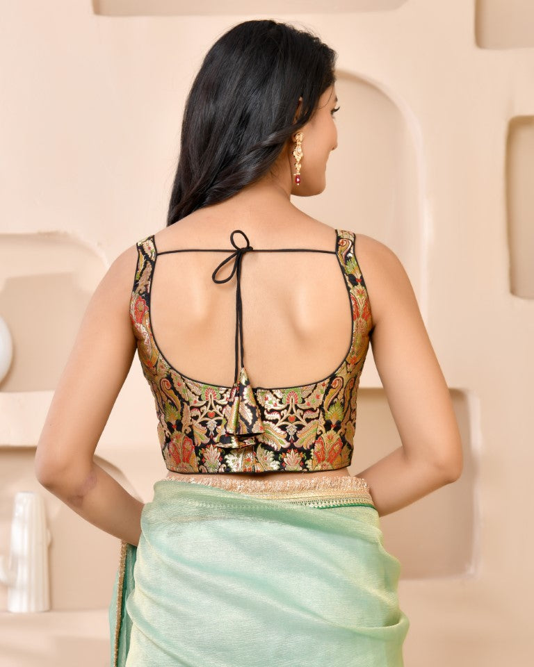 Amodini Designer Studio Kashi Banarsi Black Sleeveless Padded Blouse | Grocsy