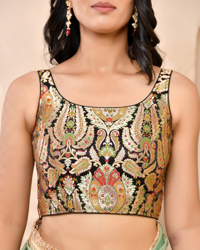 Amodini Designer Studio Kashi Banarsi Black Sleeveless Padded Blouse | Grocsy