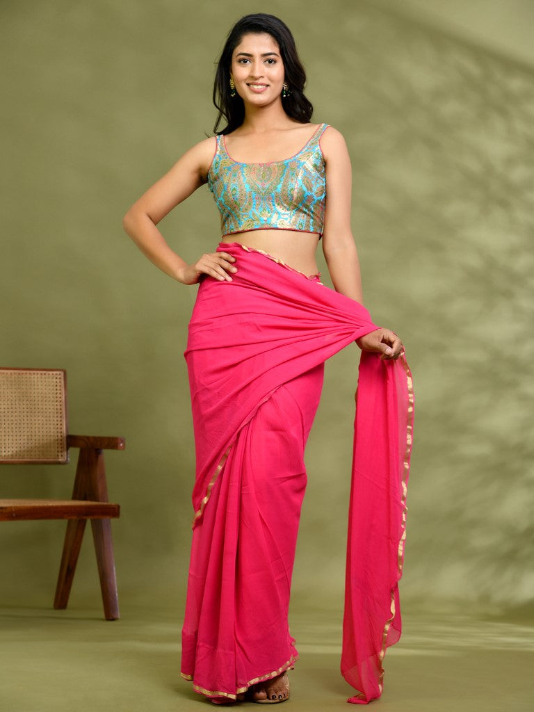 Amodini Designer Studio Kashi Banarsi Blue Sleeveless Padded Blouse | Grocsy