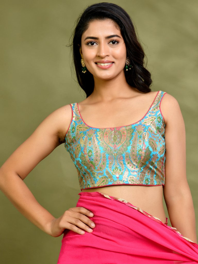 Amodini Designer Studio Kashi Banarsi Blue Sleeveless Padded Blouse | Grocsy
