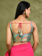 Amodini Designer Studio Kashi Banarsi Blue Sleeveless Padded Blouse | Grocsy