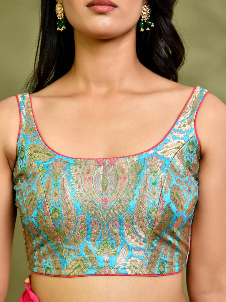 Amodini Designer Studio Kashi Banarsi Blue Sleeveless Padded Blouse | Grocsy