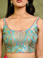 Amodini Designer Studio Kashi Banarsi Blue Sleeveless Padded Blouse | Grocsy