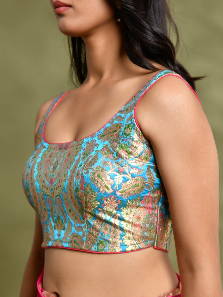 Amodini Designer Studio Kashi Banarsi Blue Sleeveless Padded Blouse | Grocsy