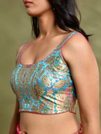 Amodini Designer Studio Kashi Banarsi Blue Sleeveless Padded Blouse | Grocsy