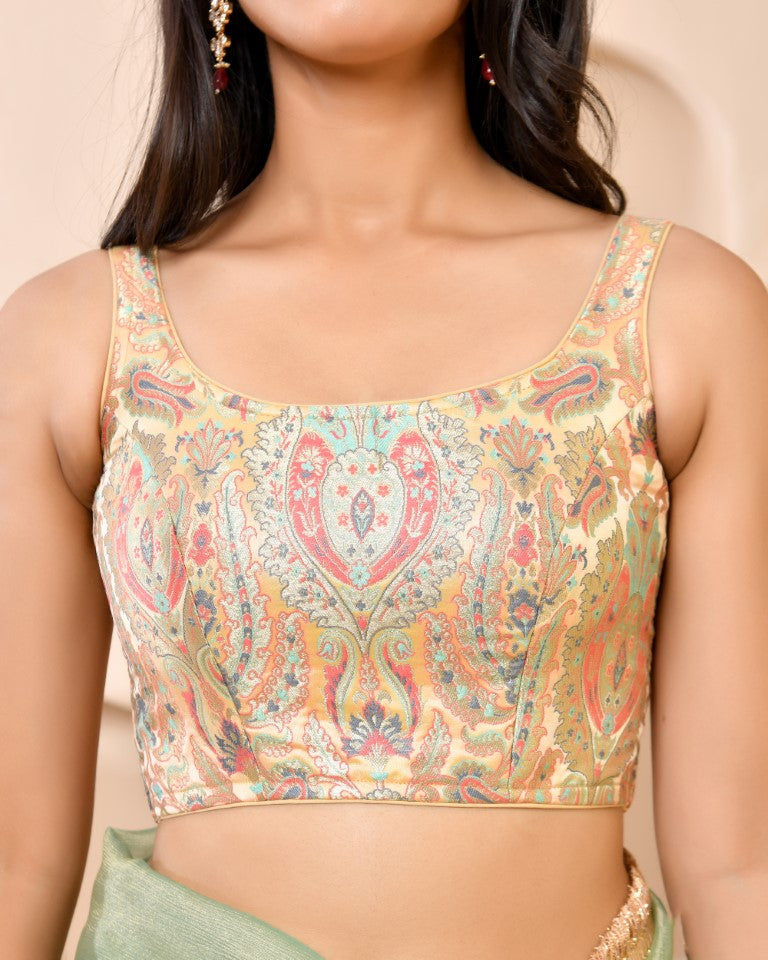 Amodini Designer Studio Kashi Banarsi Gold Sleeveless Padded Blouse | Grocsy