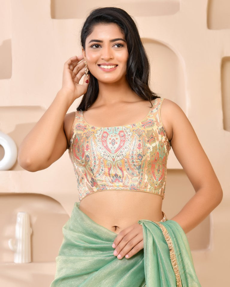 Amodini Designer Studio Kashi Banarsi Gold Sleeveless Padded Blouse | Grocsy