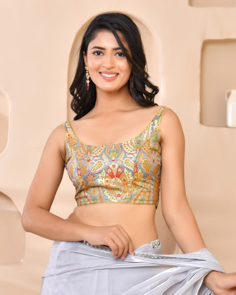 Amodini Designer Studio Kashi Banarsi Grey Sleeveless Padded Blouse | Grocsy