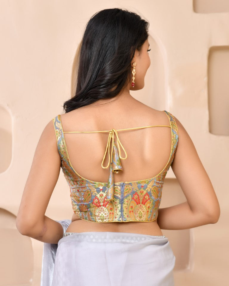 Amodini Designer Studio Kashi Banarsi Grey Sleeveless Padded Blouse | Grocsy