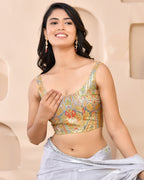 Amodini Designer Studio Kashi Banarsi Grey Sleeveless Padded Blouse | Grocsy