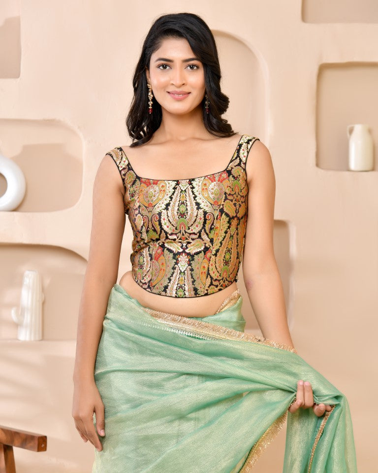 Amodini Designer Studio Kashi Banarsi Corset Style Black Blouse | Grocsy