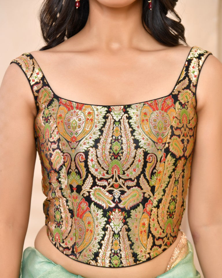 Amodini Designer Studio Kashi Banarsi Corset Style Black Blouse | Grocsy