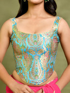 Amodini Designer Studio Kashi Banarsi Corset Style Blue Blouse | Grocsy