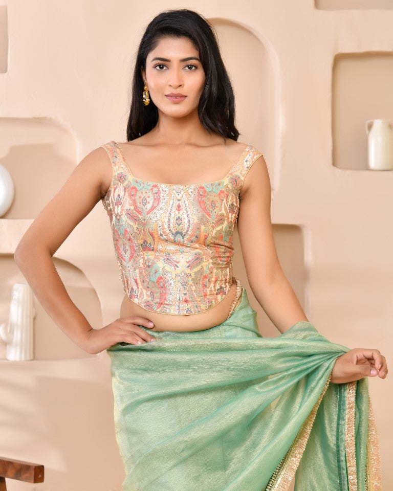 Amodini Designer Studio Kashi Banarsi Corset Style Golden Blouse | Grocsy