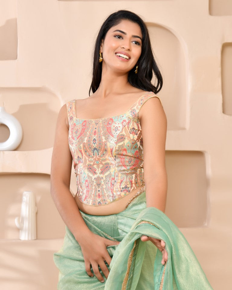 Amodini Designer Studio Kashi Banarsi Corset Style Golden Blouse | Grocsy