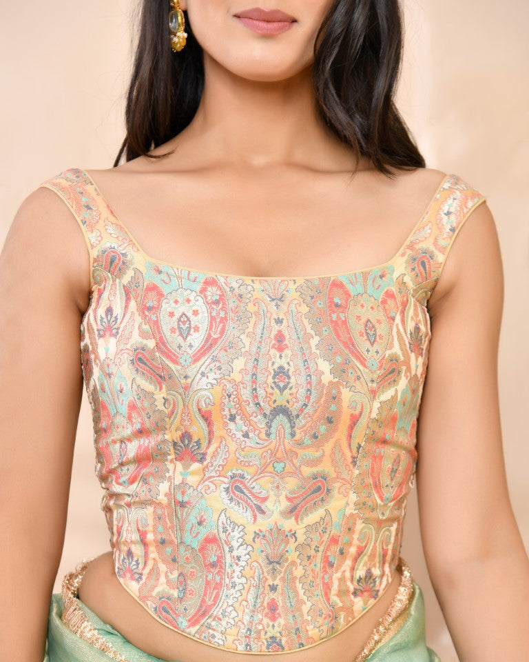 Amodini Designer Studio Kashi Banarsi Corset Style Golden Blouse | Grocsy
