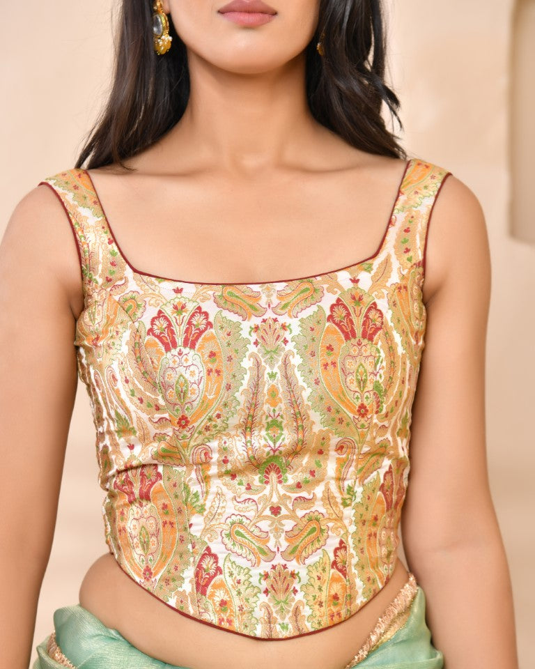 Amodini Designer Studio Kashi Banarsi Corset Style White Blouse | Grocsy