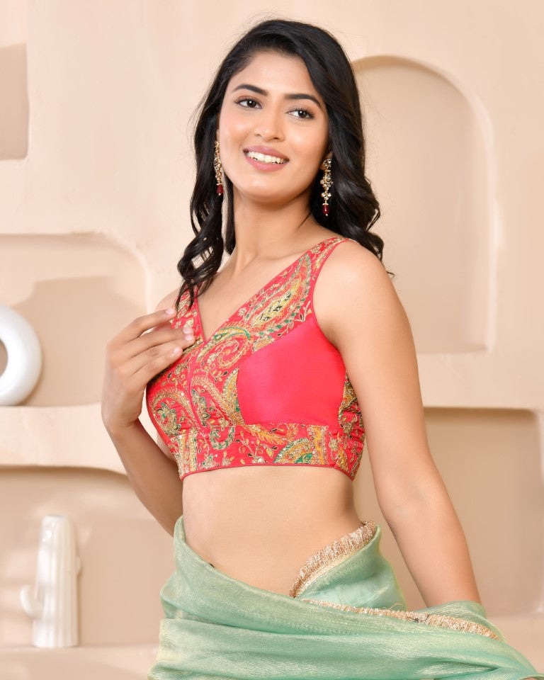 Amodini Designer Studio Paisley Zari Embroidery Pink Sleeveless Padded Blouse | Grocsy