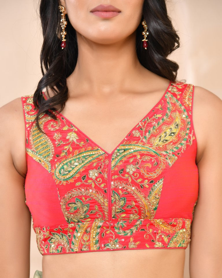 Amodini Designer Studio Paisley Zari Embroidery Pink Sleeveless Padded Blouse | Grocsy