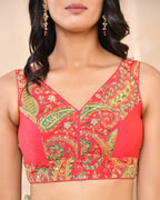 Amodini Designer Studio Paisley Zari Embroidery Pink Sleeveless Padded Blouse | Grocsy