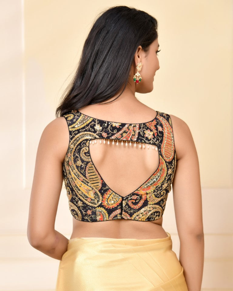 Amodini Designer Studio Paisley Zari Embroidery Black Sleeveless Padded Blouse | Grocsy