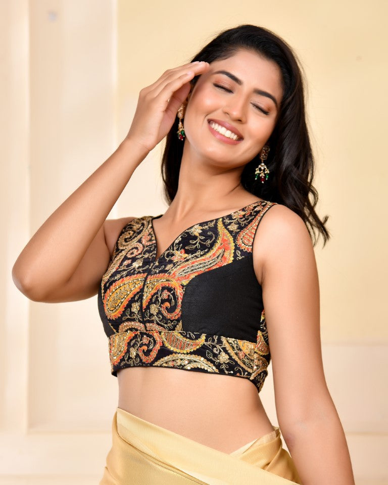 Amodini Designer Studio Paisley Zari Embroidery Black Sleeveless Padded Blouse | Grocsy