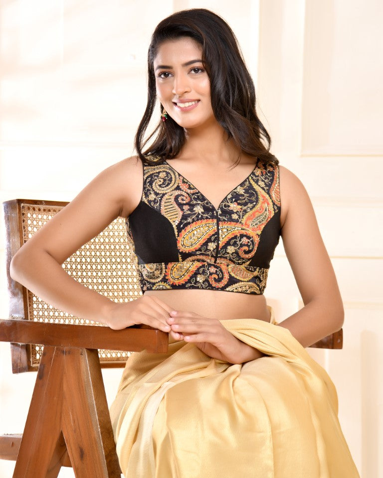 Amodini Designer Studio Paisley Zari Embroidery Black Sleeveless Padded Blouse | Grocsy