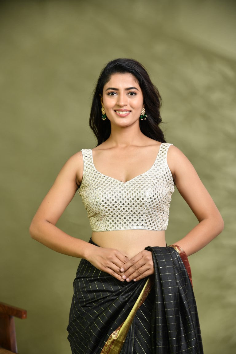 Amodini Designer Studio Ivory Mirror Work Sleeveless Padded Blouse | Grocsy