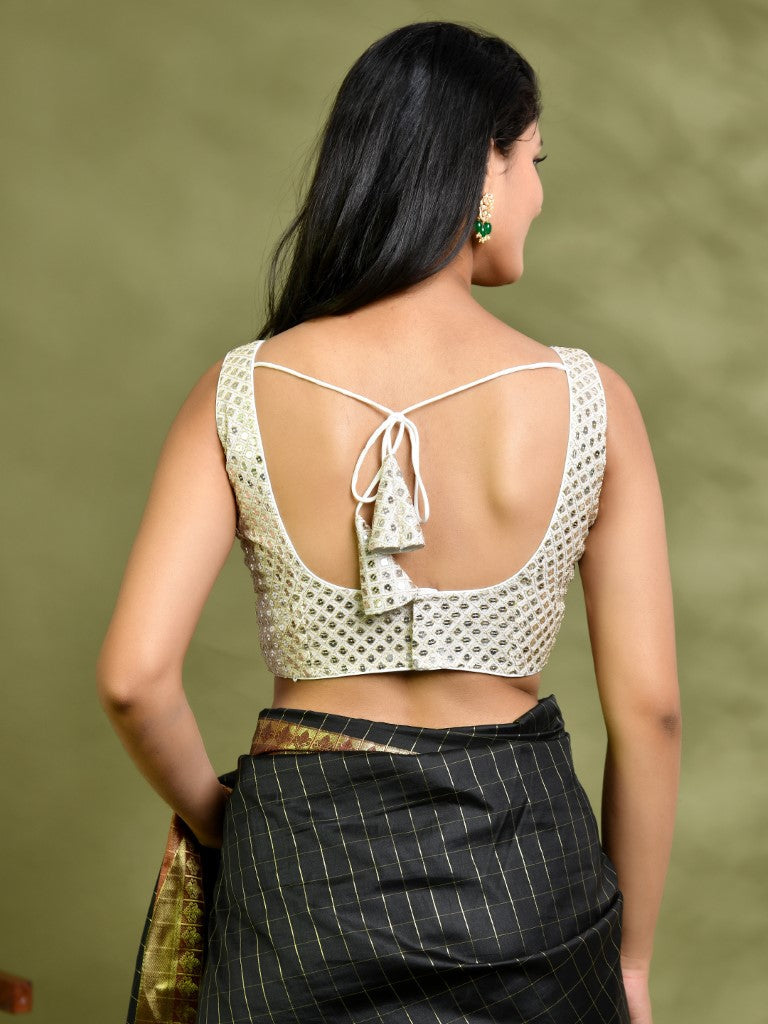 Amodini Designer Studio Ivory Mirror Work Sleeveless Padded Blouse | Grocsy