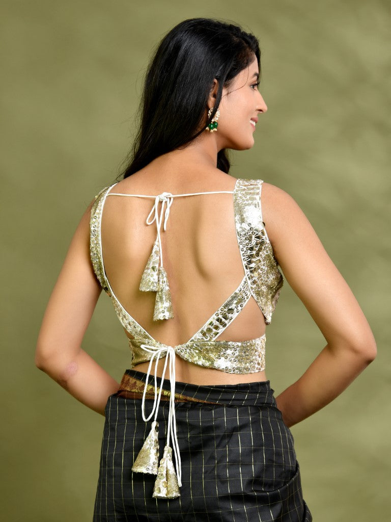 Amodini Designer Studio Gold Mirror-Embellished Sleeveless Padded Blouse | Grocsy