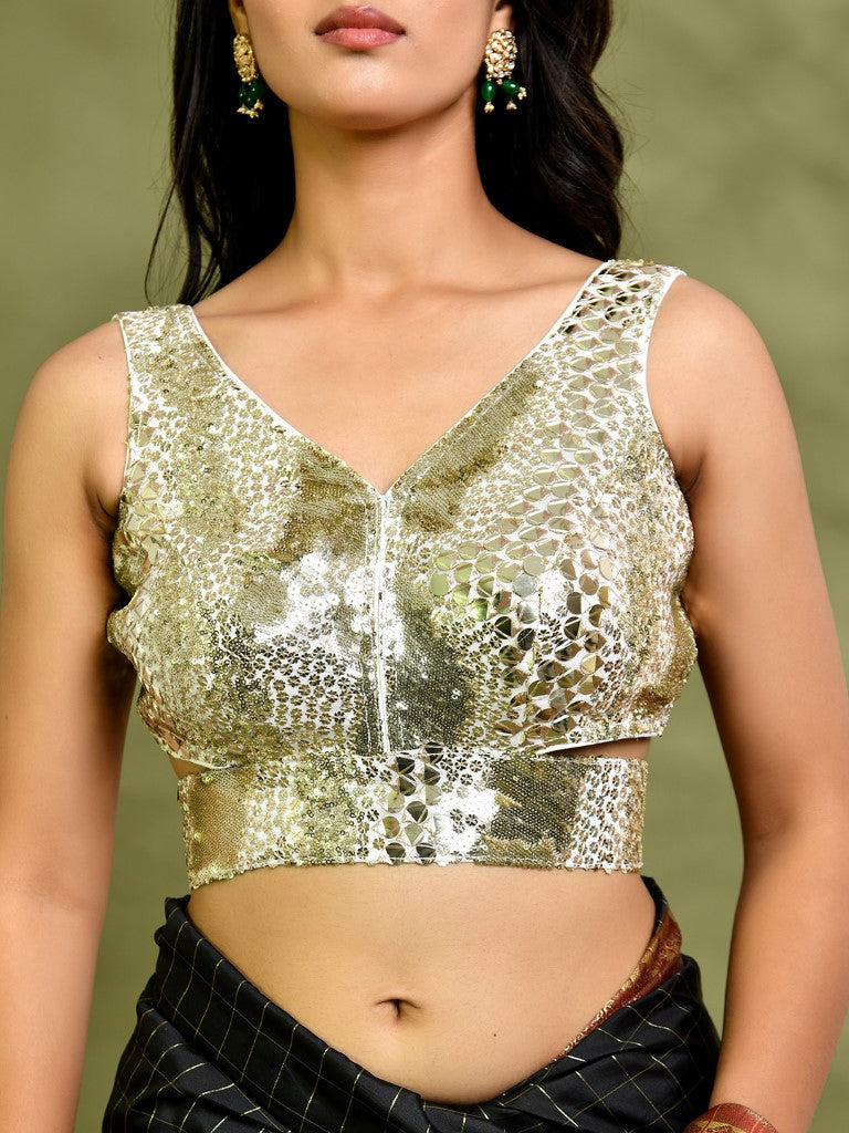 Amodini Designer Studio Gold Mirror-Embellished Sleeveless Padded Blouse | Grocsy