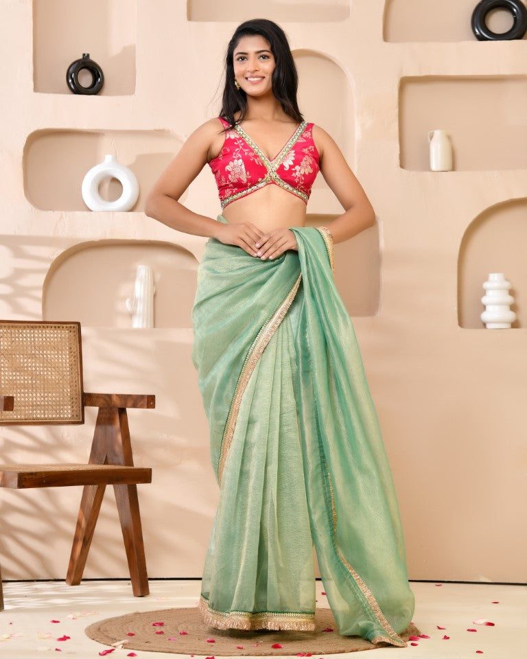 Amodini Designer Studio Pink Banarsi Sleeveless Padded Blouse | Grocsy