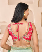 Amodini Designer Studio Pink Banarsi Sleeveless Padded Blouse | Grocsy