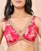 Amodini Designer Studio Pink Banarsi Sleeveless Padded Blouse | Grocsy