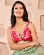 Amodini Designer Studio Pink Banarsi Sleeveless Padded Blouse | Grocsy