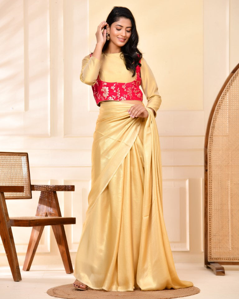 Amodini Designer Studio Pink Banarsi Jacket With Golden Blouse | Grocsy