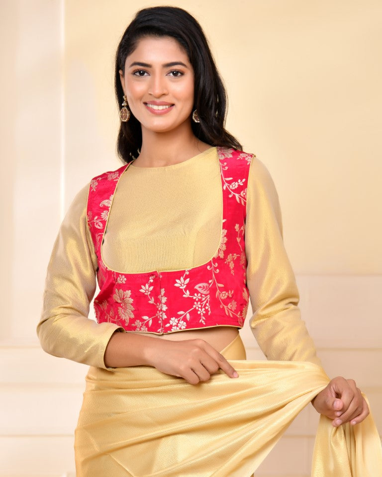 Amodini Designer Studio Pink Banarsi Jacket With Golden Blouse | Grocsy