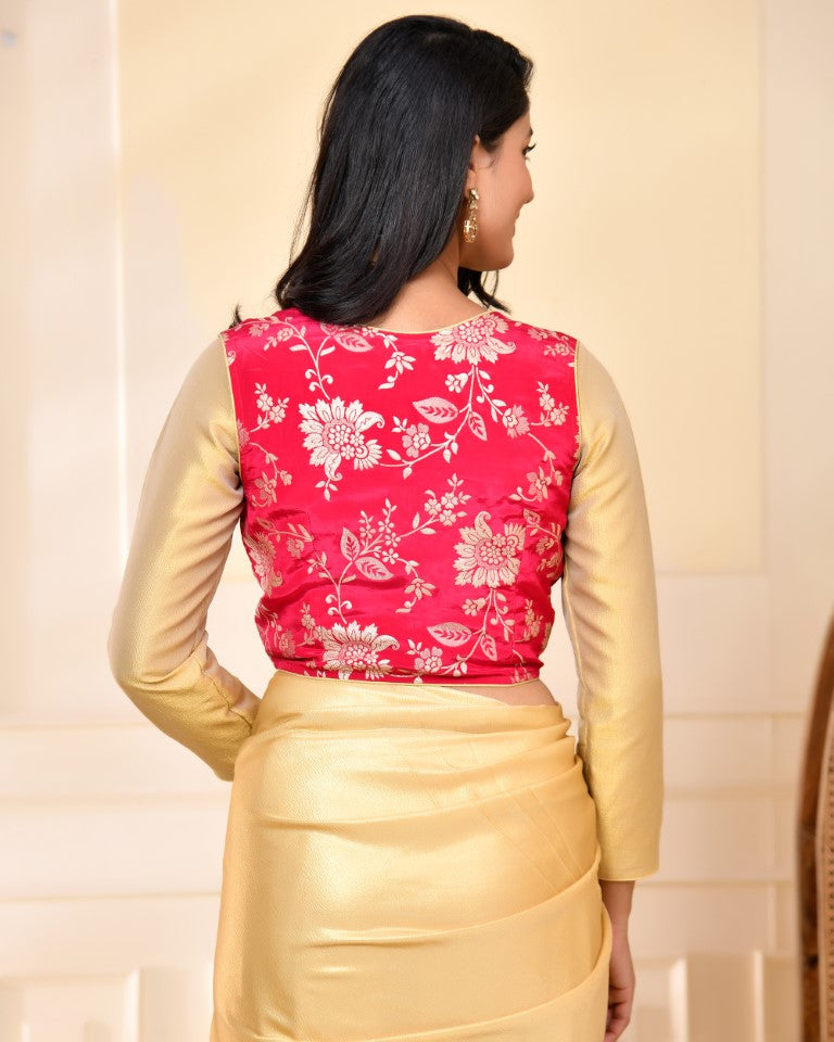 Amodini Designer Studio Pink Banarsi Jacket With Golden Blouse | Grocsy