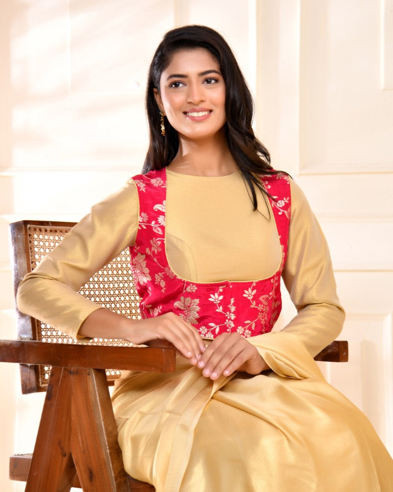 Amodini Designer Studio Pink Banarsi Jacket With Golden Blouse | Grocsy