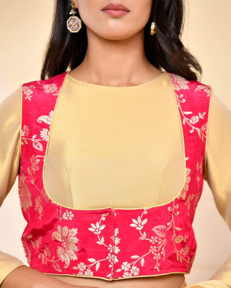 Amodini Designer Studio Pink Banarsi Jacket With Golden Blouse | Grocsy