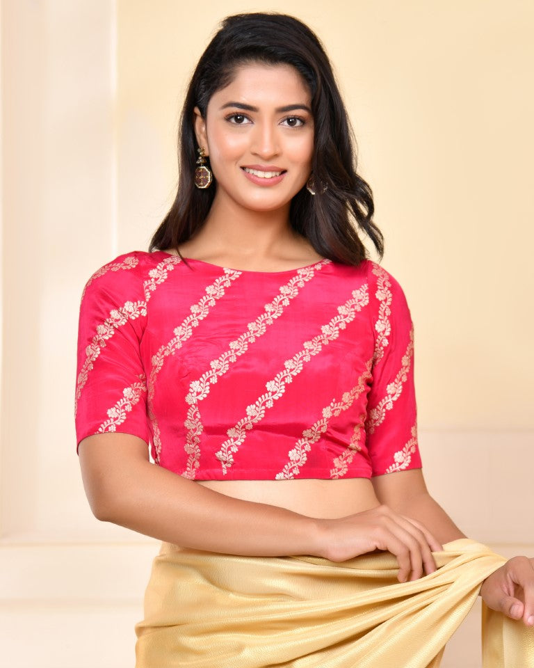 Amodini Designer Studio Pink Banarsi Lehriya Padded Blouse | Grocsy