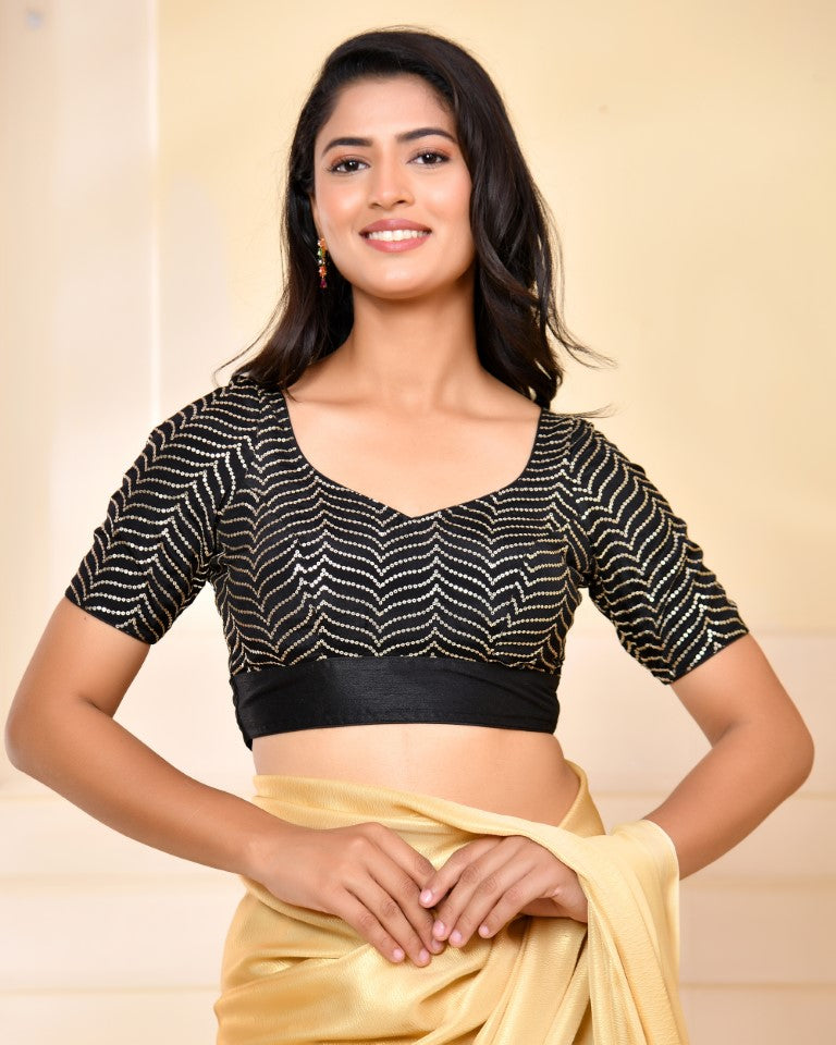 Amodini Designer Studio Black Golden Sequined Padded Blouse | Grocsy